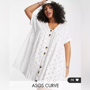 ASOS DESIGN Curve broderie v neck smock dress with large buttons - White US 16